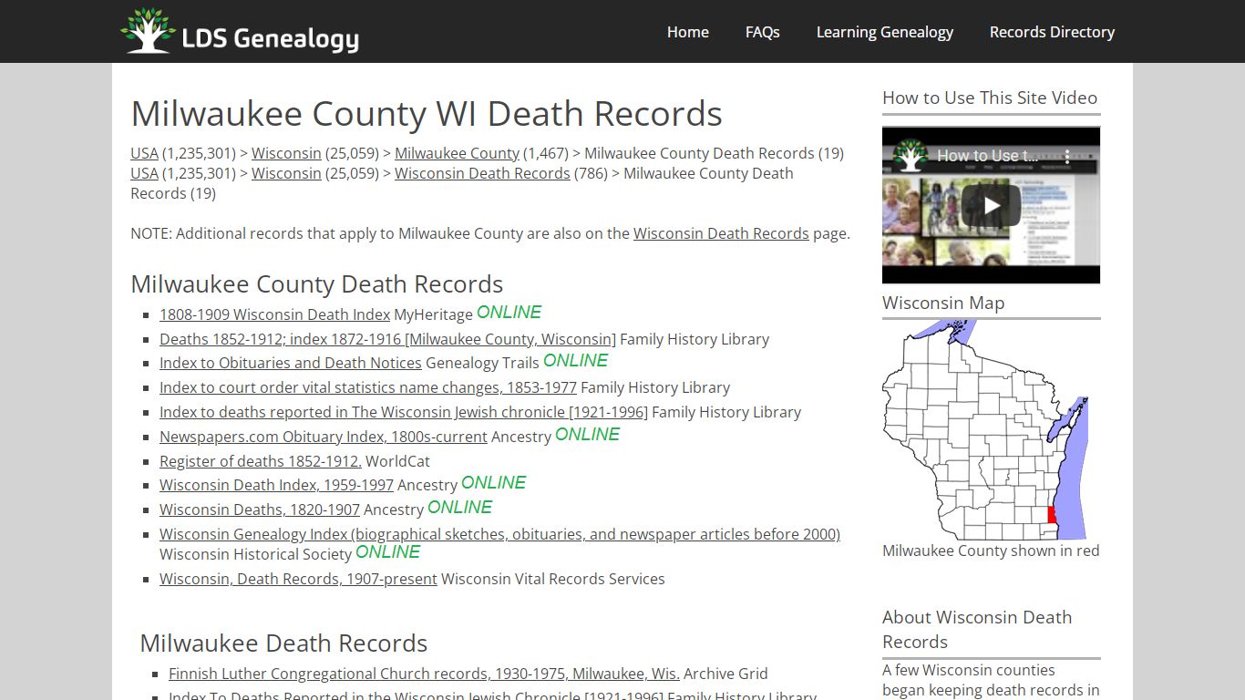 Milwaukee County WI Death Records - LDS Genealogy