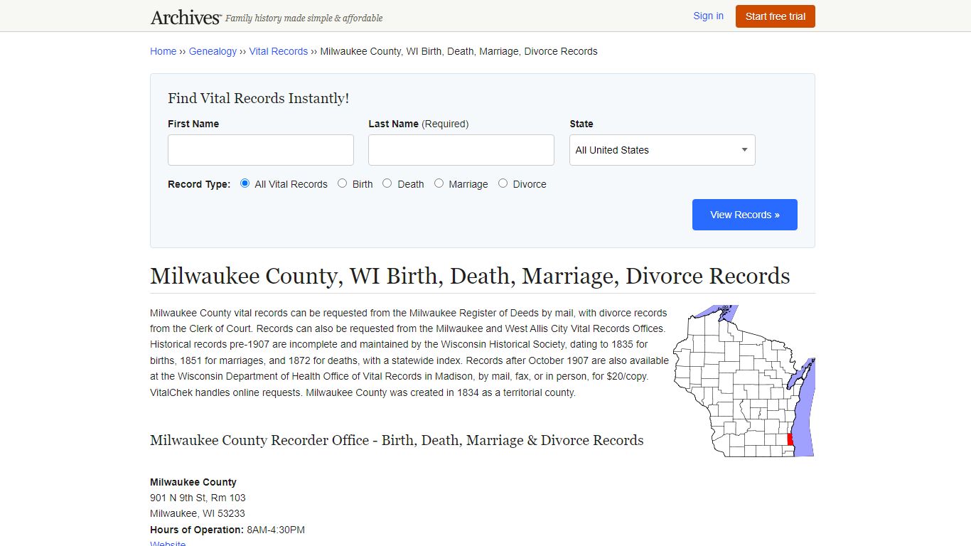 Milwaukee County, WI Birth, Death, Marriage, Divorce Records